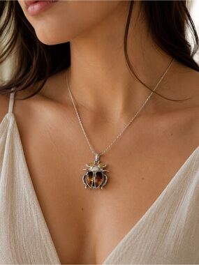 Sterling Silver Amber Beetle Pendant Necklace - Elegant Brown Gemstone